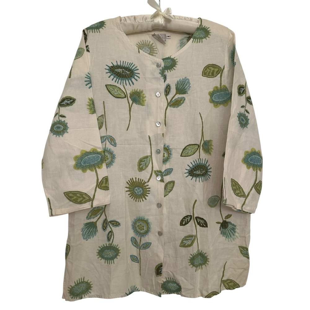 Hot Cotton Linen Blend Floral Tunic Blouse Top Womens M Button Down USA Vintage